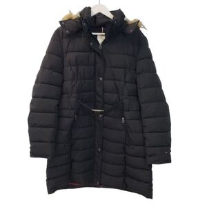 Tommy Hilfiger Belted Puffer Coat with Removable Faux Fur Hood Size L/XL